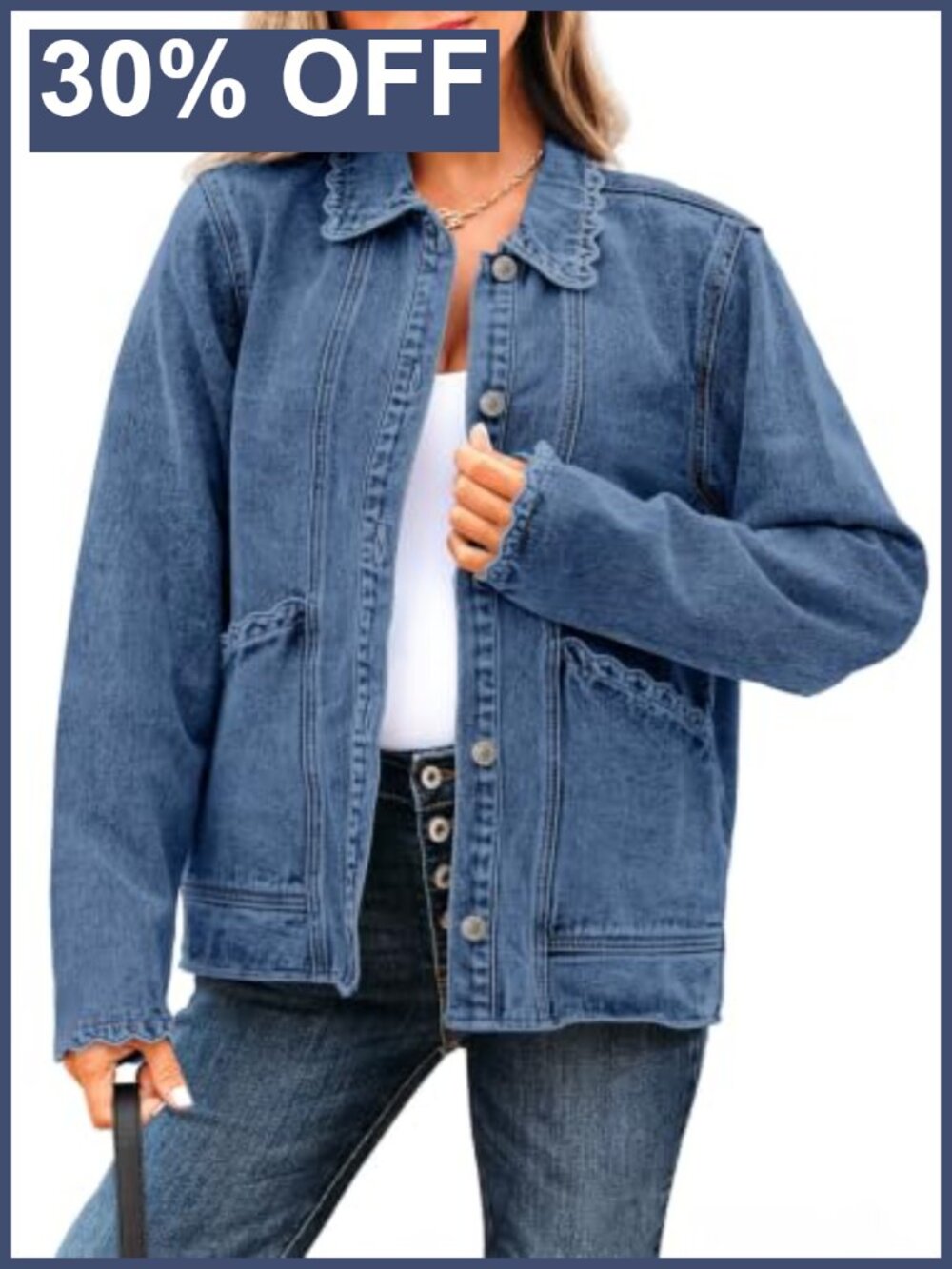 Oversized Ruffle Denim Jacket Women Long Sleeve Button Down Shacket